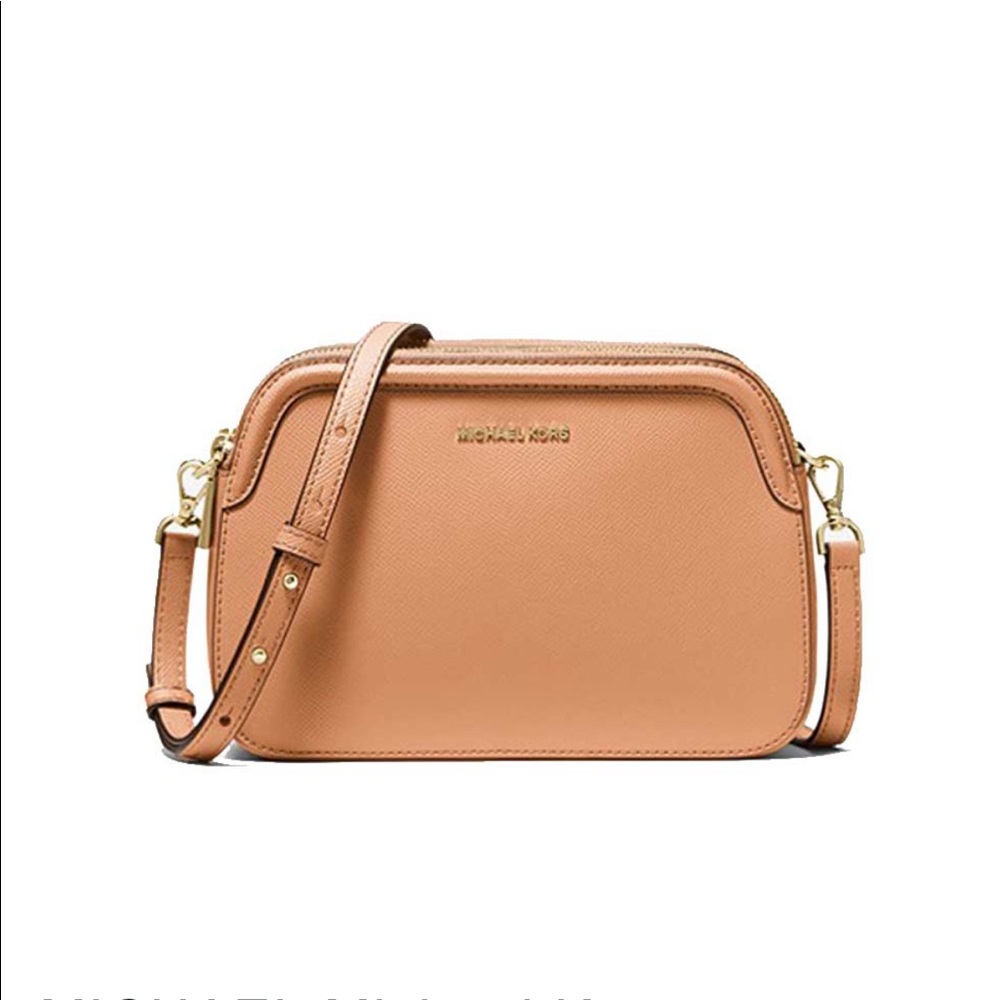 MK Houston Large Crossgrain Leather Double-Zip Crossbody Bag color Cantaloupe